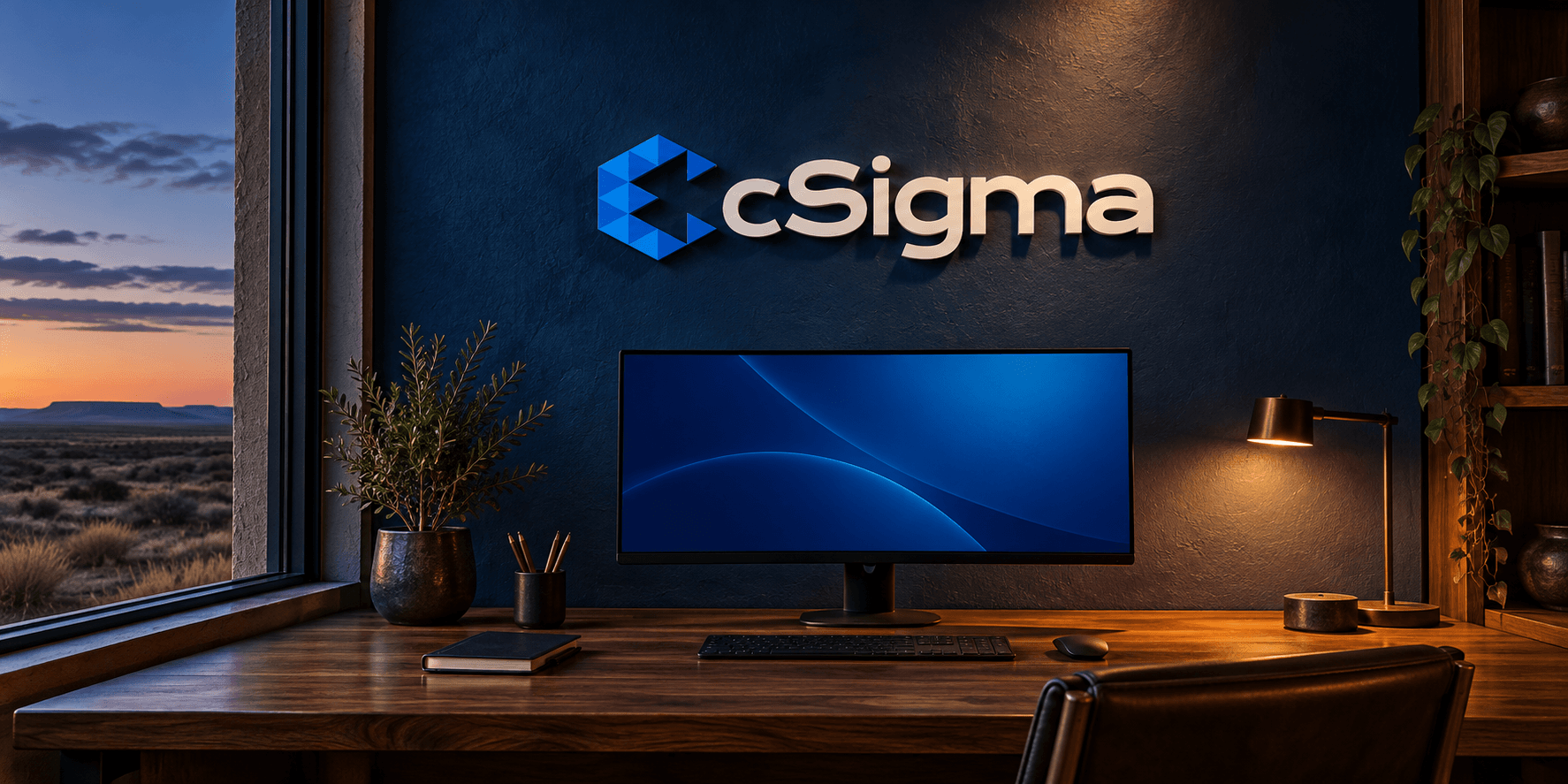 Conceptual cSigma workspace with a blue logo wall sign, walnut desk, and West Texas sunset