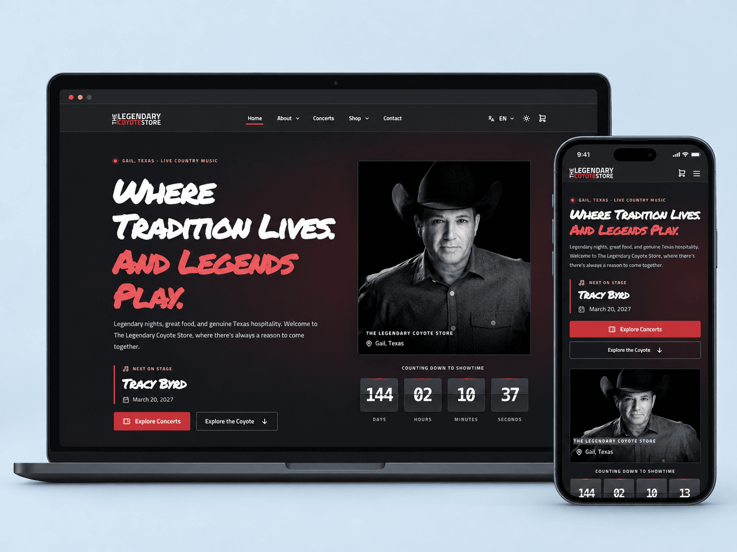 Desktop and mobile showcase of The Legendary Coyote Store website